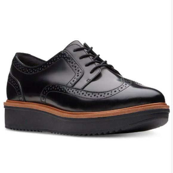 Clarks Shoes - Clarks Black Leather Teadale Maira Platform Wingtip Oxford Shoe Women's Size 6.5